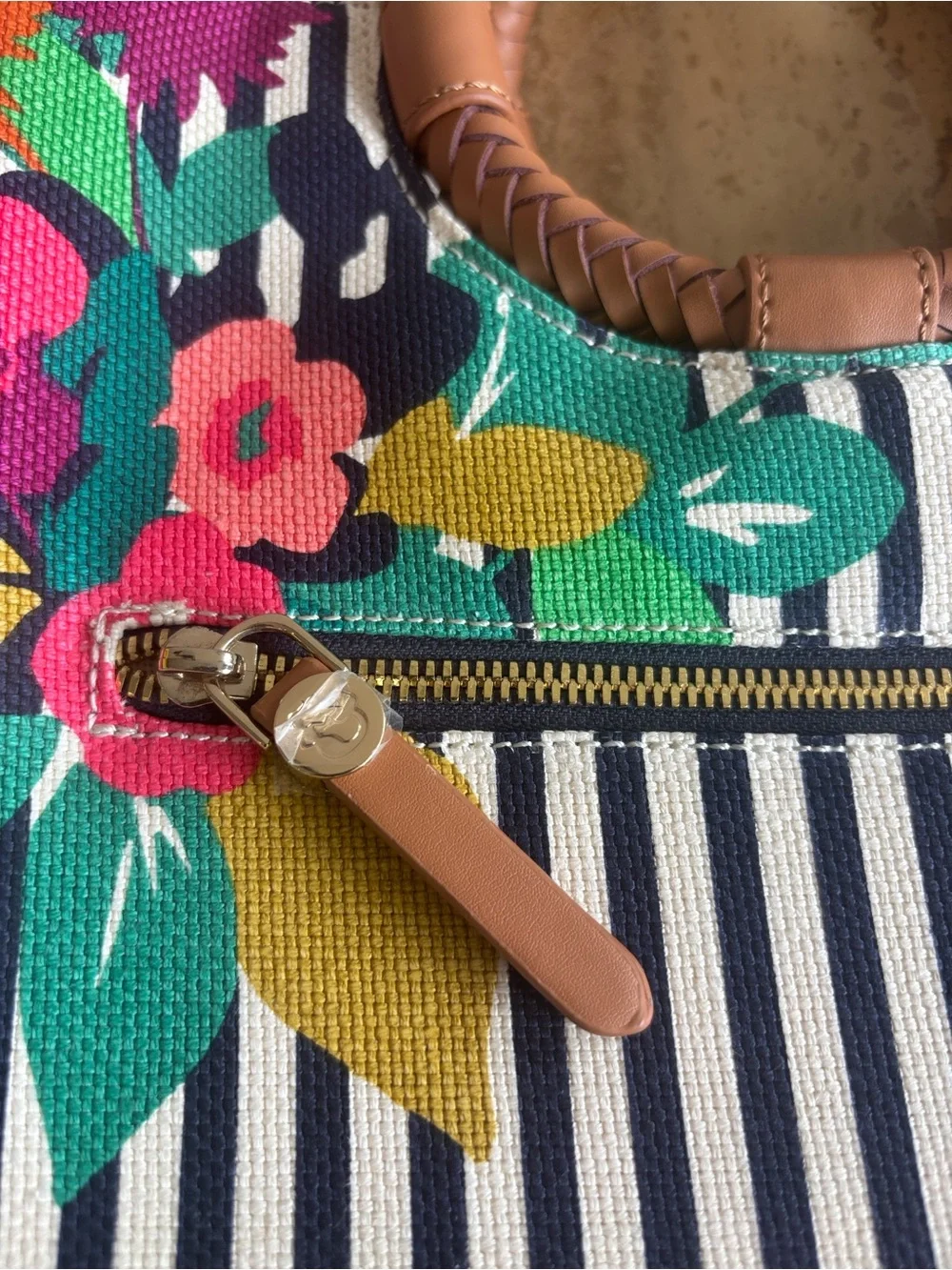Spartina 449 Navy & White Stripe Floral Tote Purse with Braided Leather Handle